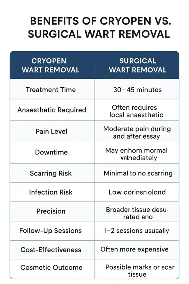 Table showing the benefits of cryopen to remove warts Burgess Hill compared to surgical treatment